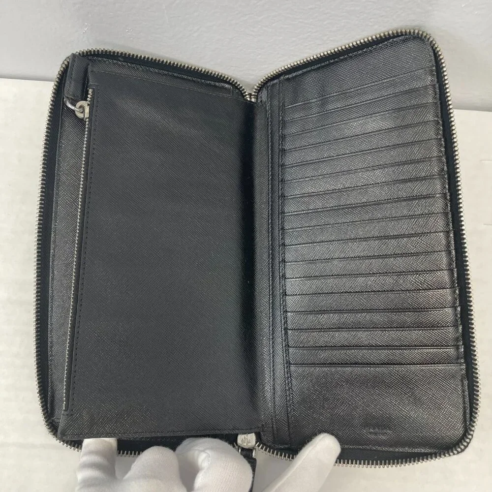Prada Saffiano Leather Organizer Zippy Wallet in Black and Turquoise - Preowned